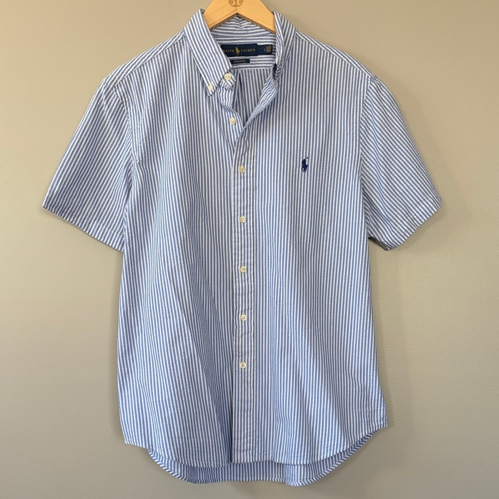 Polo Ralph Lauren‎ Seersucker Short Sleeve Button Down Shirt Blue White Stripe